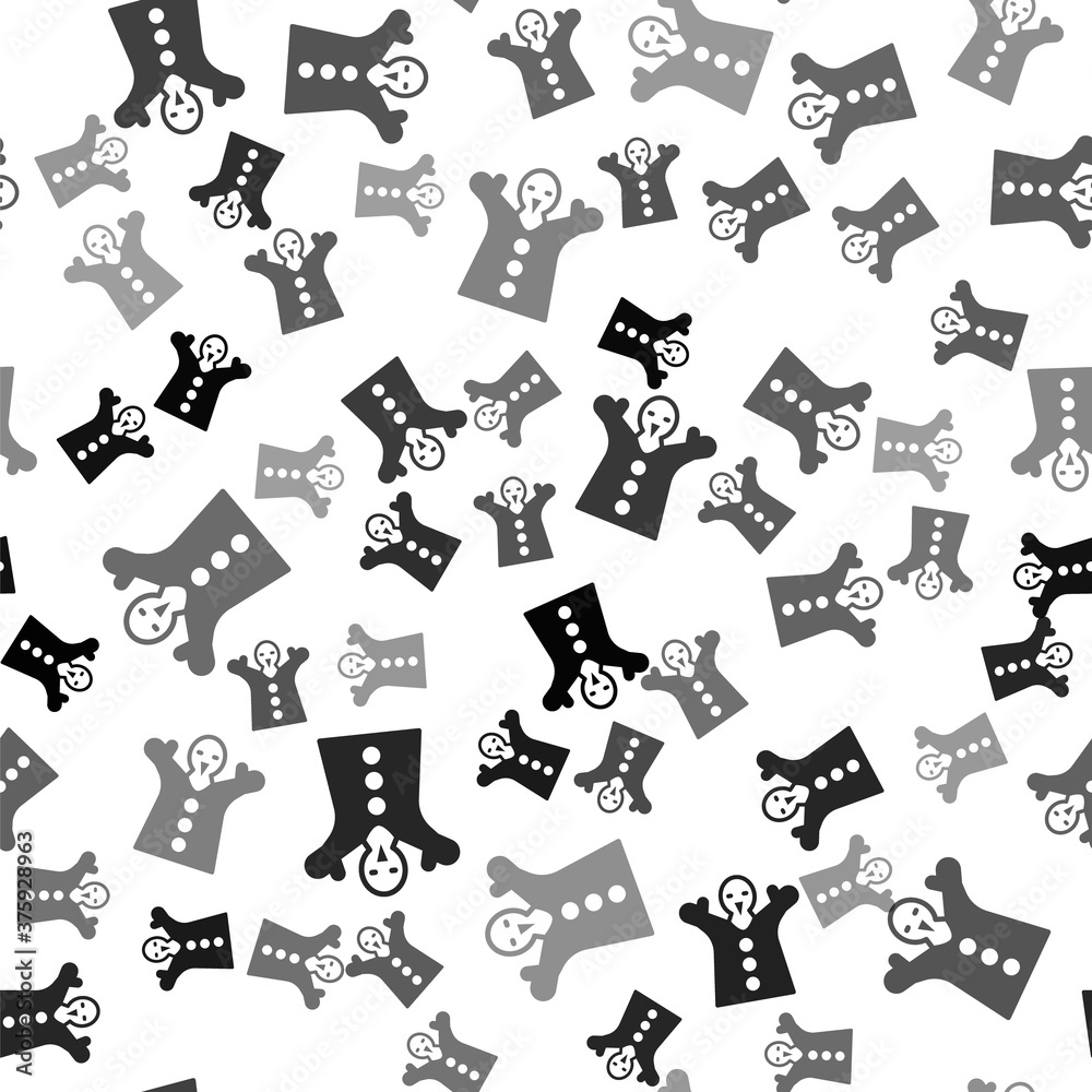 Black Toy puppet doll on hand icon isolated seamless pattern on white background. Vector.