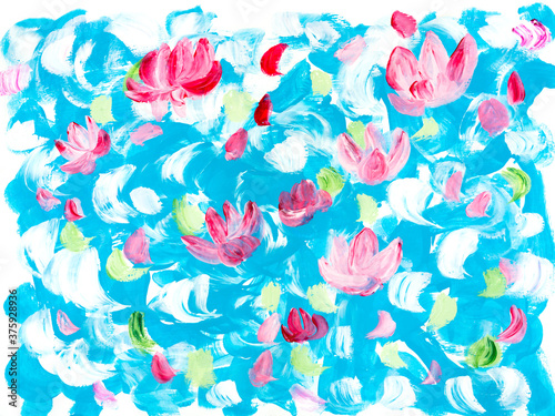 Blue and pink flowers creative abstract hand painted background, brush texture © Artlu