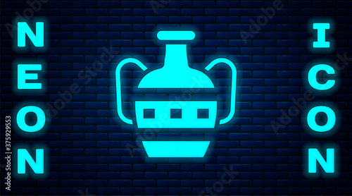 Glowing neon Ancient amphorae icon isolated on brick wall background. Vector.