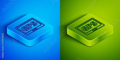 Isometric line Gps device with map icon isolated on blue and green background. Square button. Vector Illustration.