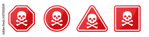 Set of danger hazard sign with skull and crossbones in different shapes in red