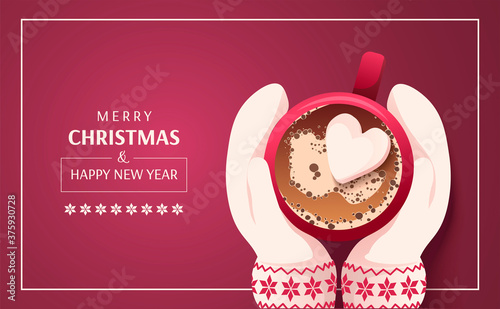 Merry Christmas and Happy New Year card. Hands in mittens with mug on the red background. Vector illustration for poster, banner, card, cover, postcard.