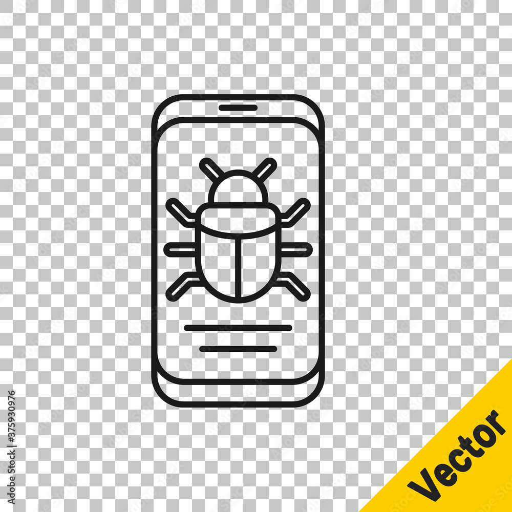 Black line System bug on mobile icon isolated on transparent background. Code bug concept. Bug in the system. Bug searching. Vector.
