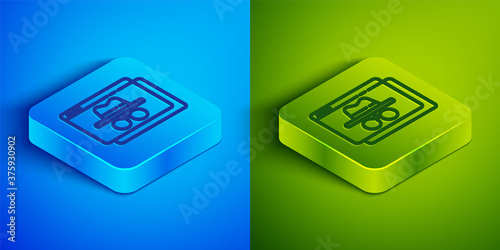 Isometric line Browser incognito window icon isolated on blue and green background. Square button. Vector.