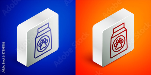 Isometric line Bag of food for dog icon isolated on blue and orange background. Dog or cat paw print. Food for animals. Pet food package. Silver square button. Vector.