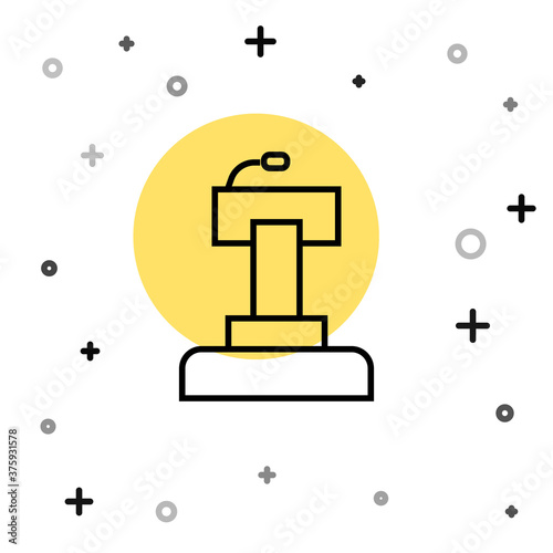 Black line Stage stand or debate podium rostrum icon isolated on white background. Conference speech tribune. Random dynamic shapes. Vector.