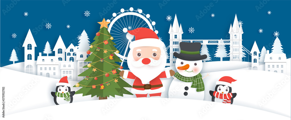 Christmas background with Santa clause and friends on the snow village in paper cut style.