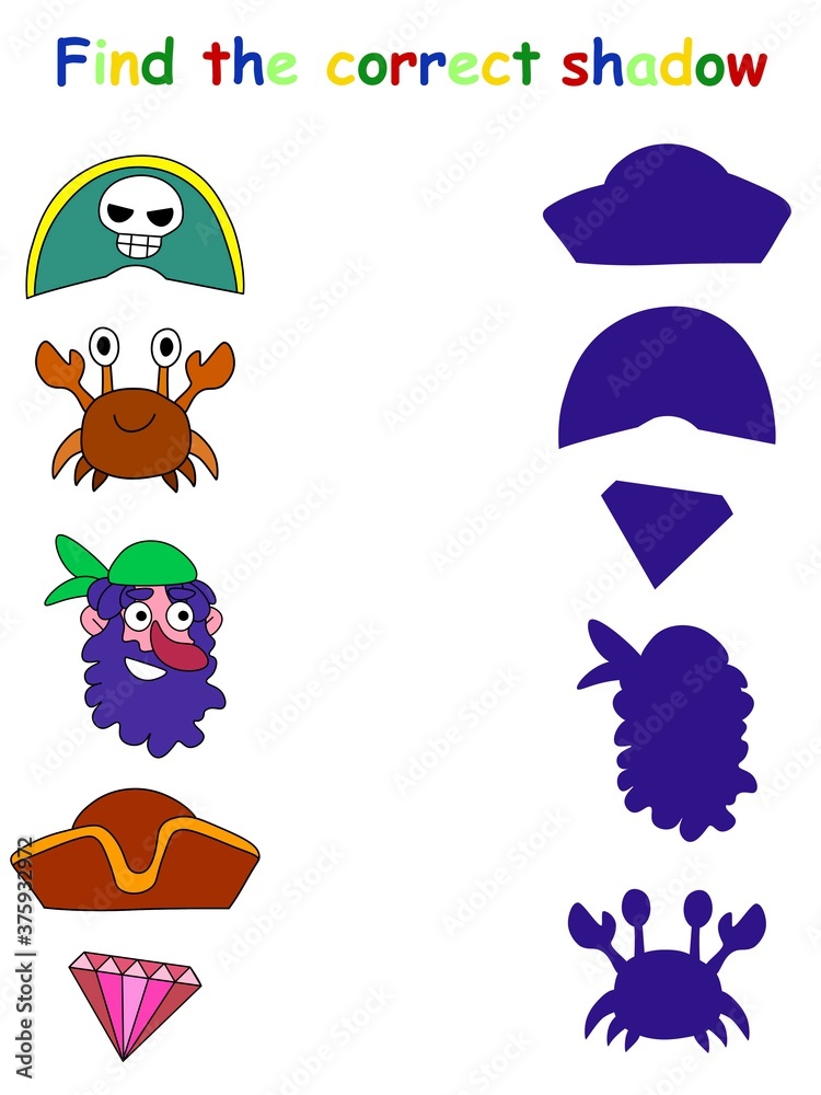 Find the correct shadow funny game for kids with pirate stock vector illustration. Pirate shadow matching printable game for preschool children. Simple educational kindergarten kids activity book page Find the correct shadow funny game for kids with pirate stock vector illustration. Pirate shadow matching printable game for preschool children. Simple educational kindergarten kids activity book page