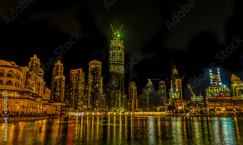 A view across the centre of downtown Dubai  UAE at night in springtime