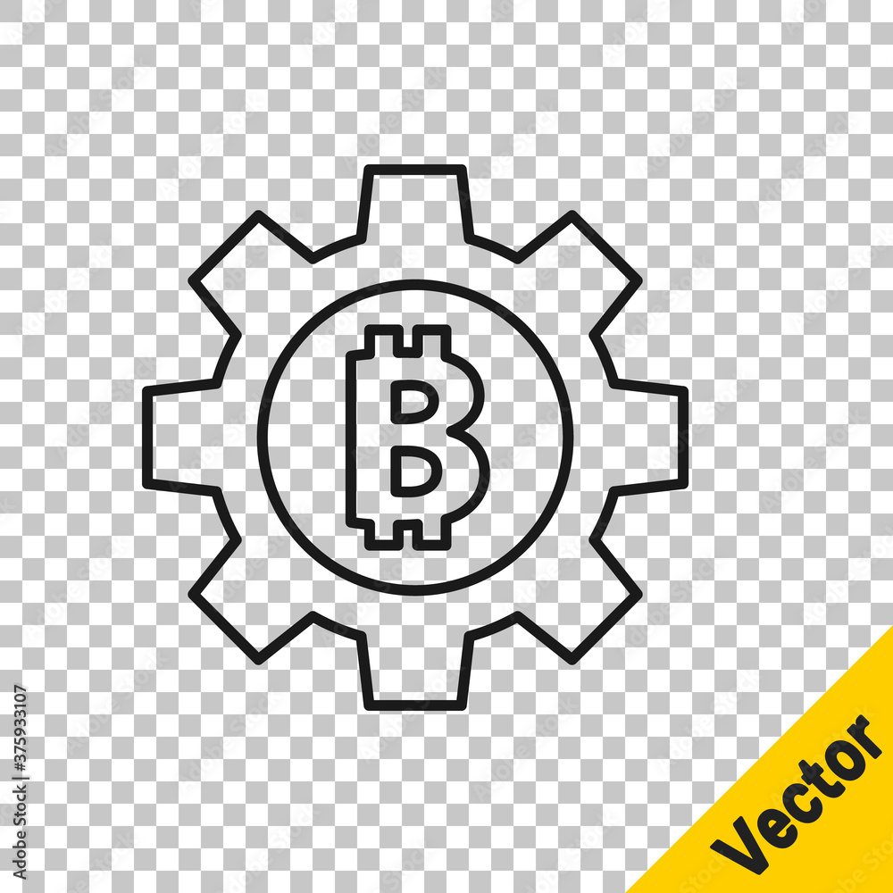 Black line Cryptocurrency coin Bitcoin icon isolated on transparent background. Gear and Bitcoin setting. Blockchain based secure crypto currency. Vector.