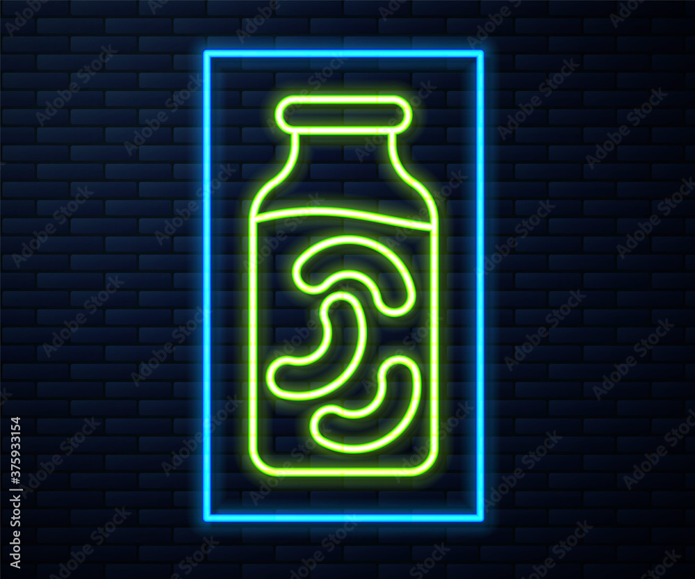 Glowing neon line Pickled cucumbers in a jar icon isolated on brick wall background. Vector. Glowing neon line Pickled cucumbers in a jar icon isolated on brick wall background. Vector.