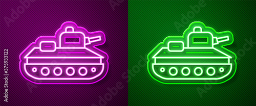 Glowing neon line Military tank icon isolated on purple and green background. Vector.