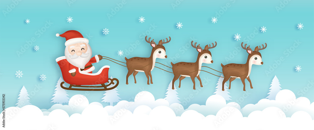 Christmas background with cute Santa clause and reindeer.