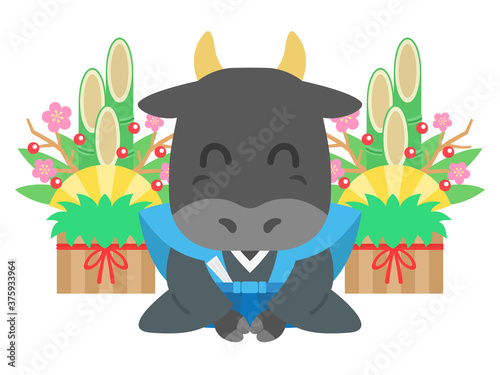 着物を着て挨拶をする牛のイラスト