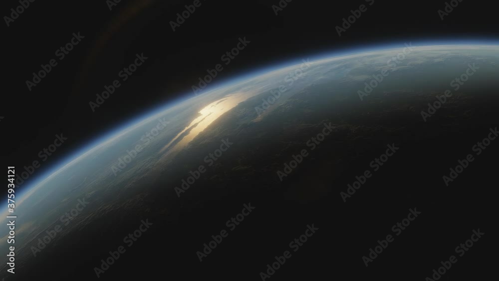 Terraformed planet Mars. View from space to Mars with oceans and plants spacecraft flies near terraformed Mars in the solar system. Cinematic 3d animation