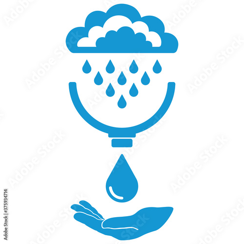 Symbols of clouds, rain, system of rain water harvest, human hand. Water saving concept. Vector illustration on a white background.