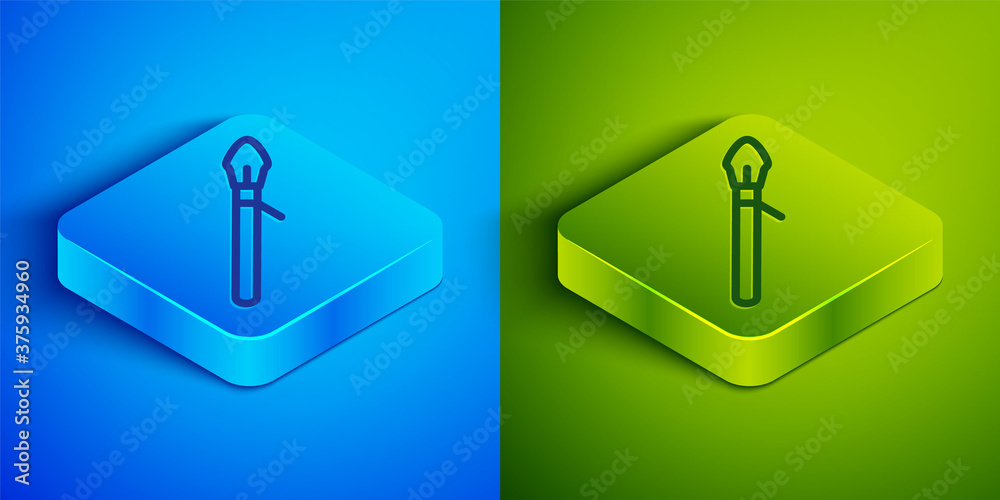 Isometric line Medieval spear icon isolated on blue and green background. Medieval weapon. Square button. Vector. Isometric line Medieval spear icon isolated on blue and green background. Medieval weapon. Square button. Vector.