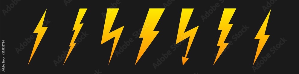 Lightning icon set. Yellow lightning bolt on a dark background. Electricity and power symbol. Zigzag. Speed. Electrical discharge. Lightning icon set. Yellow lightning bolt on a dark background. Electricity and power symbol. Zigzag. Speed. Electrical discharge.