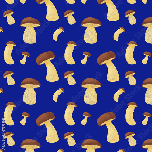 seamless pattern with porcini mushrooms on a blue background