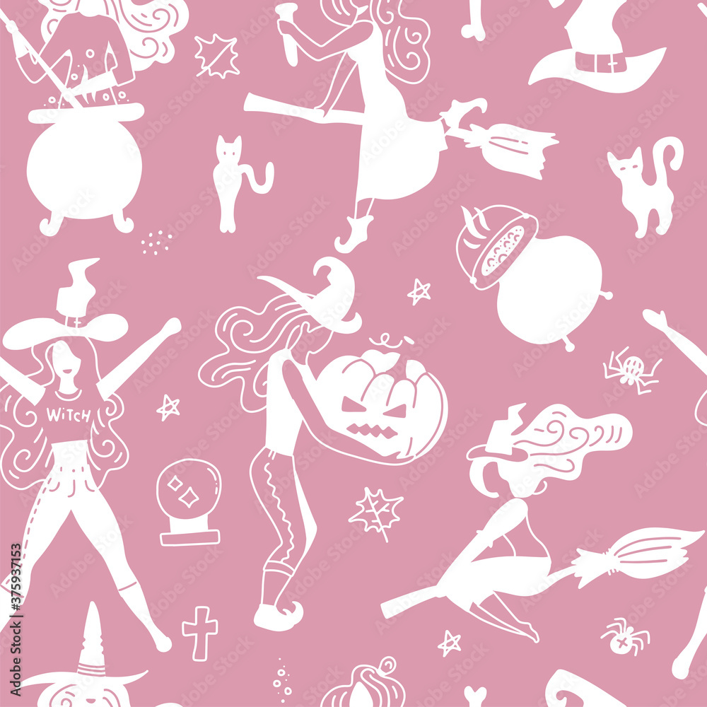 Halloween seamless pattern for girls. Young witch pink halloween illustration for kids girly background.