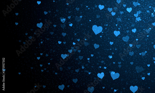 Dark abstract bright blue glowing background with many hearts and bright blue lights and sparks. Blue hearts of different sizes on a black background.