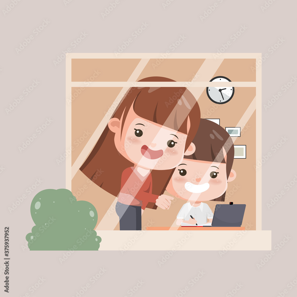 Family Caregivers keeping children learning while at home. Mother with daughter learning online school. Family Caregivers keeping children learning while at home. Mother with daughter learning online school.