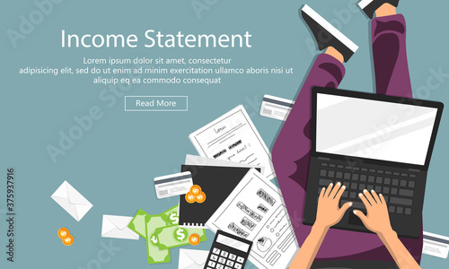 Invoice. Financial calculations. Working process. Businessman hands, calculator, financial reports, money, coins, pen. Top view. Vector illustration in flat design on green background