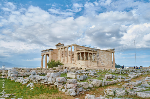 Athens, Greece, May 1, 2015: Greek ruins in a dramatic sky