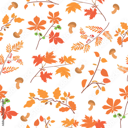 pattern with autumn foliage and mushrooms. tree branches: oak, maple, birch, chestnut and rowan.