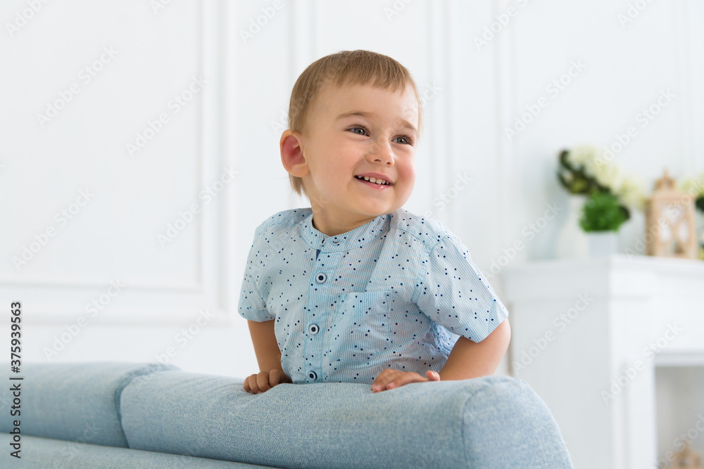 Fototapeta premium portrait of a little smiling boy child playing on the sofa in living room