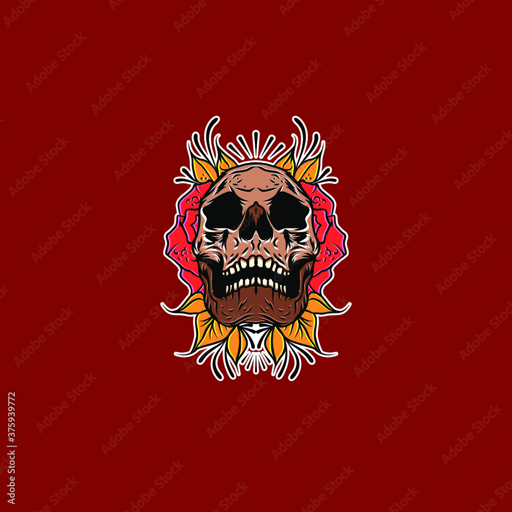 Hand Drawn Tattoo Style Skull And Flowers Vector Illustration