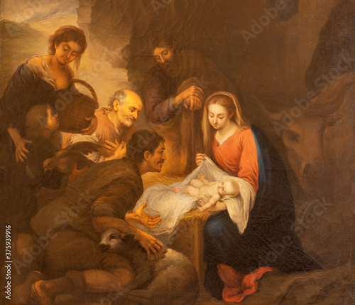 BARCELONA, SPAIN - MARCH 2, 2020: The painting of Nativity in the church Santuario Nuestra Senora del Sagrado Corazon by unknown artist.