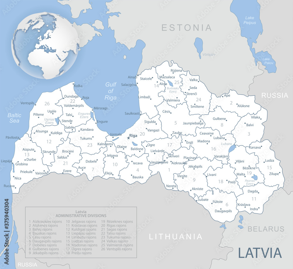 Blue-gray detailed map of Latvia administrative divisions and location on the globe. Vector illustration