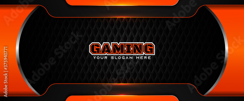 Futuristic orange and black abstract gaming banner design with metal technology concept. Vector illustration for business corporate promotion, game header social media, live streaming background
