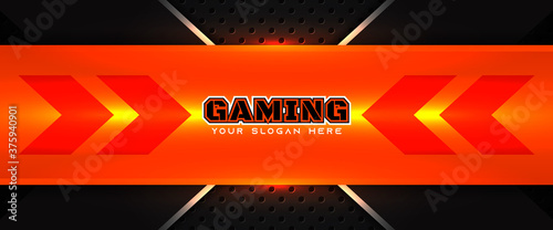 Futuristic orange and black abstract gaming banner design with metal technology concept. Vector illustration for business corporate promotion, game header social media, live streaming background