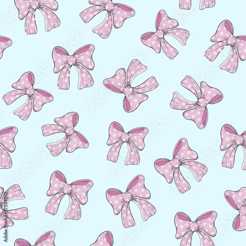 Beautiful seamless pattern made of pink ribbon bows and white hearts on blue background. Endless texture for wedding, baby, birthday party. Vector design. Modern pattern for surfaces. © vikky_arts