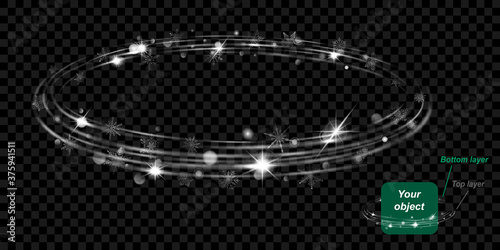 Glowing ring with glitter and snowflakes consist of two layers: top and bottom. In gray colors on transparent background. Easy to use with your object. Transparency only in vector format
