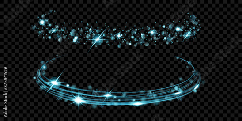 Glowing rings with glitter and snowflakes in light blue colors on transparent background. Light effects. Transparency only in vector format