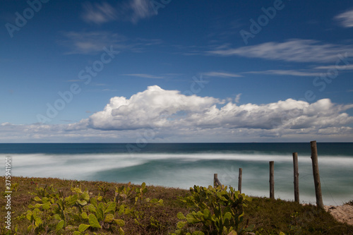 Green sea  blue sky and white clouds. Ecological reserve Recreio dos Bandeirantes  Rio de Janeiro  Brazil 