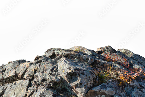 Rock mountain slope foreground close-up isolated on white background. Element for matte painting, copy space.