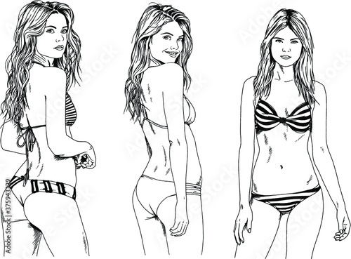 vector drawings sketches beautiful girls blondes in swimsuits in sexual poses drawn in ink by hand , objects with no background