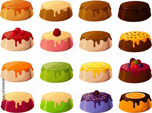 Vector illustration of various custards and jellies with sauce isolated onn white background.