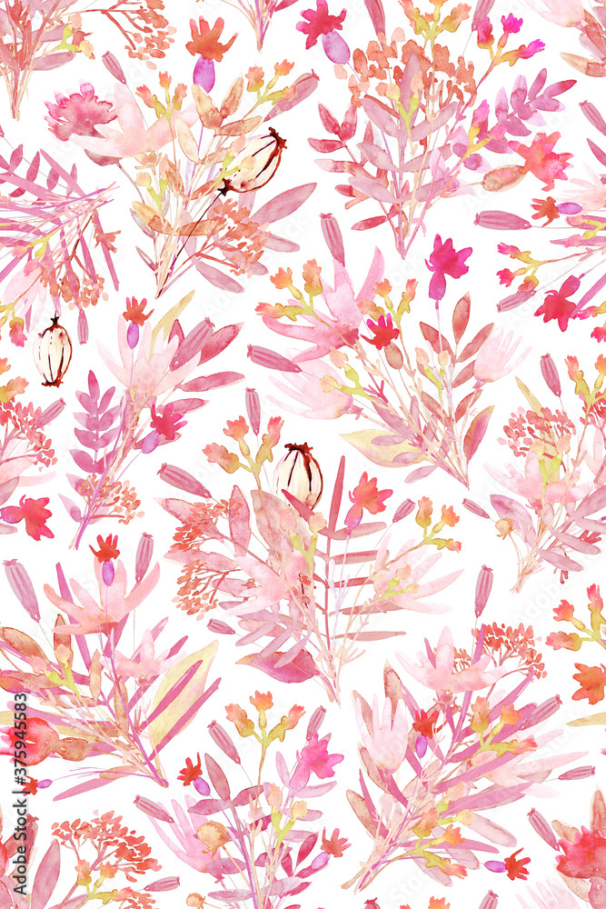 Seamless pattern with bouquets of wild flowers. Flowers and leaves. Hand drawn watercolor background. Floral decor for prints, textiles, Wallpaper, paper and design
