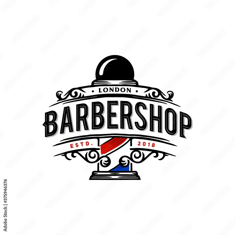 hipster barber logo design icon with pole, Red and blue navy Vintage retro  classic Victorian style barbershop logo VECTOR Stock Vector | Adobe Stock