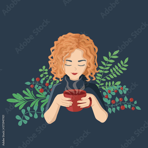 Happy young woman drinks tea from healing herbs on a background of plants and berries. Concept of natural treatment, herbal medicine, healthy lifestyle, homeopathy. Cute vector illustration on dark. 