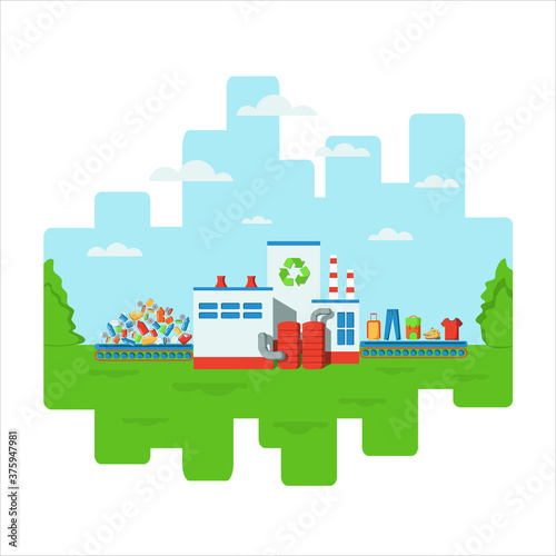Garbage recycling plant on a background of blue sky and green grass. Concept environmentally friendly, waste-free production of things from recycled plastic, metal and paper. Flat vector illustration