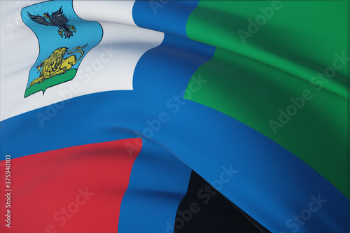 Flag of Belgorod Oblast. 3D illustration close-up flag background. Flags of the federal subjects of Russia.