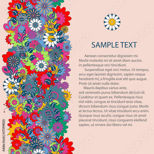 Vintage invitation card with bright flowers, vector illustration