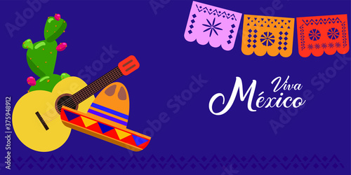 Mexico independence day celebration horizontal banner vector illustration. Text in Spanish: Long live Mexico