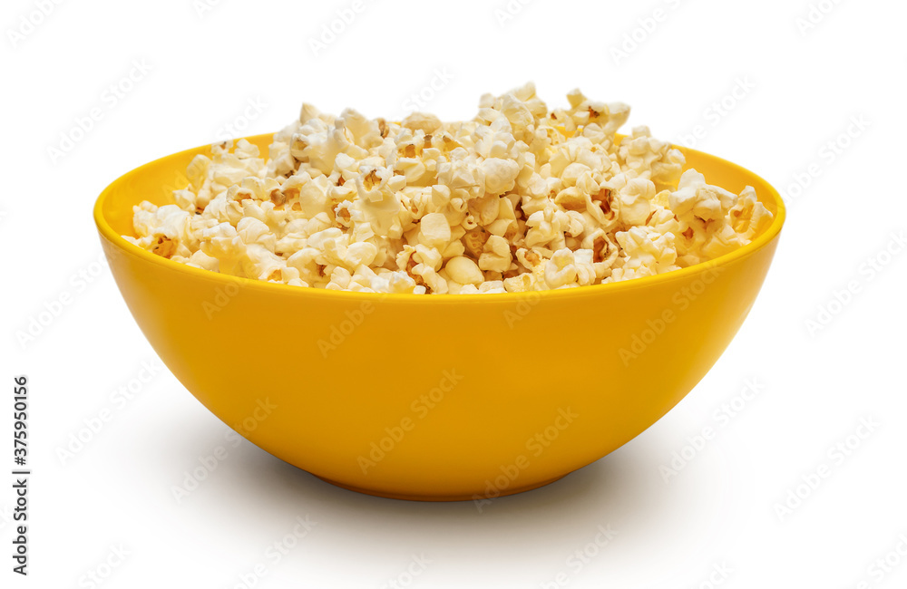 Yellow bowl with popcorn isolated on white. Yellow bowl with popcorn isolated on white.